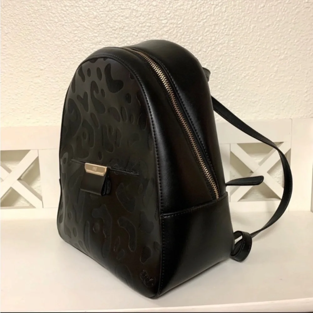 Roberto Cavalli Sofia Black Leather Leopard Print Mini Backpack Purse NWT